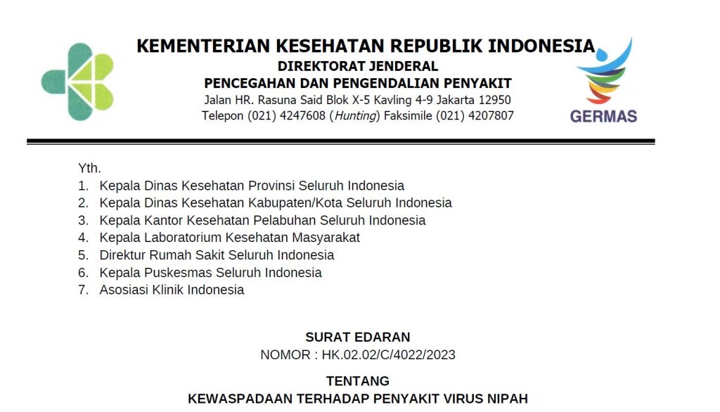 Kemenkes Terbitkan Edaran Kewaspadaan Terhadap Virus Nipah